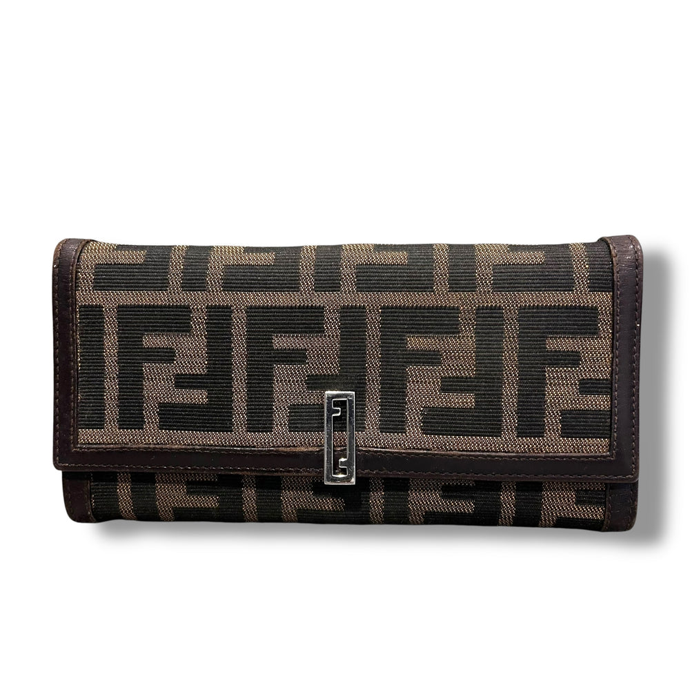 美品 FENDI フェンディ ズッカ柄 長財布 二つ折り キャンバス×レザー